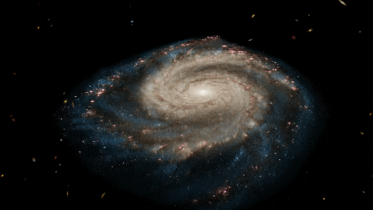 This visualization of a spectacular spiral galaxy, called the Whirlpool Galaxy, appears in the “Deep Field” film.