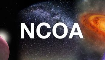 NCOA text with stars, planet and galaxy