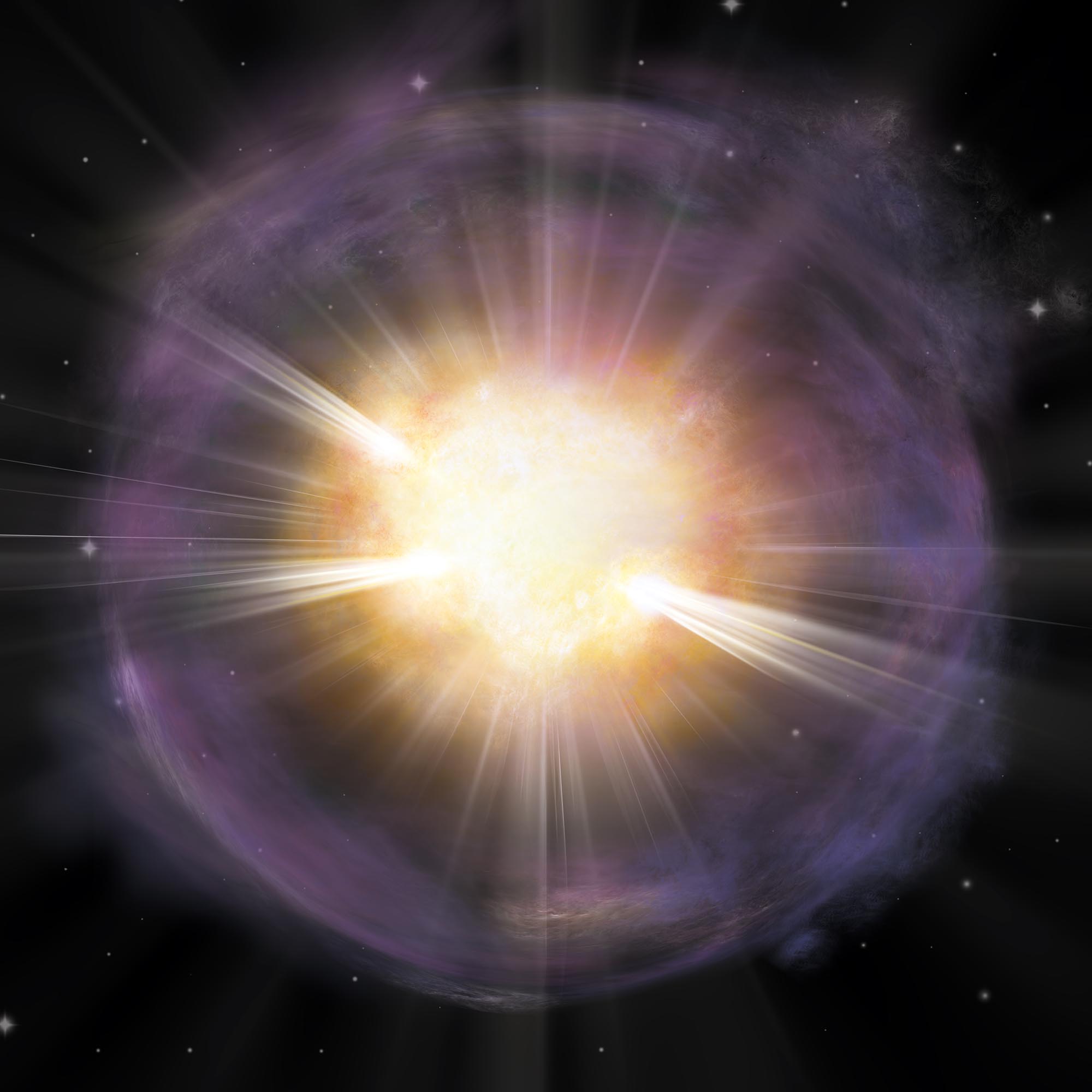 Artist impression of a supernova, yellow in the center surrounded by purple gas