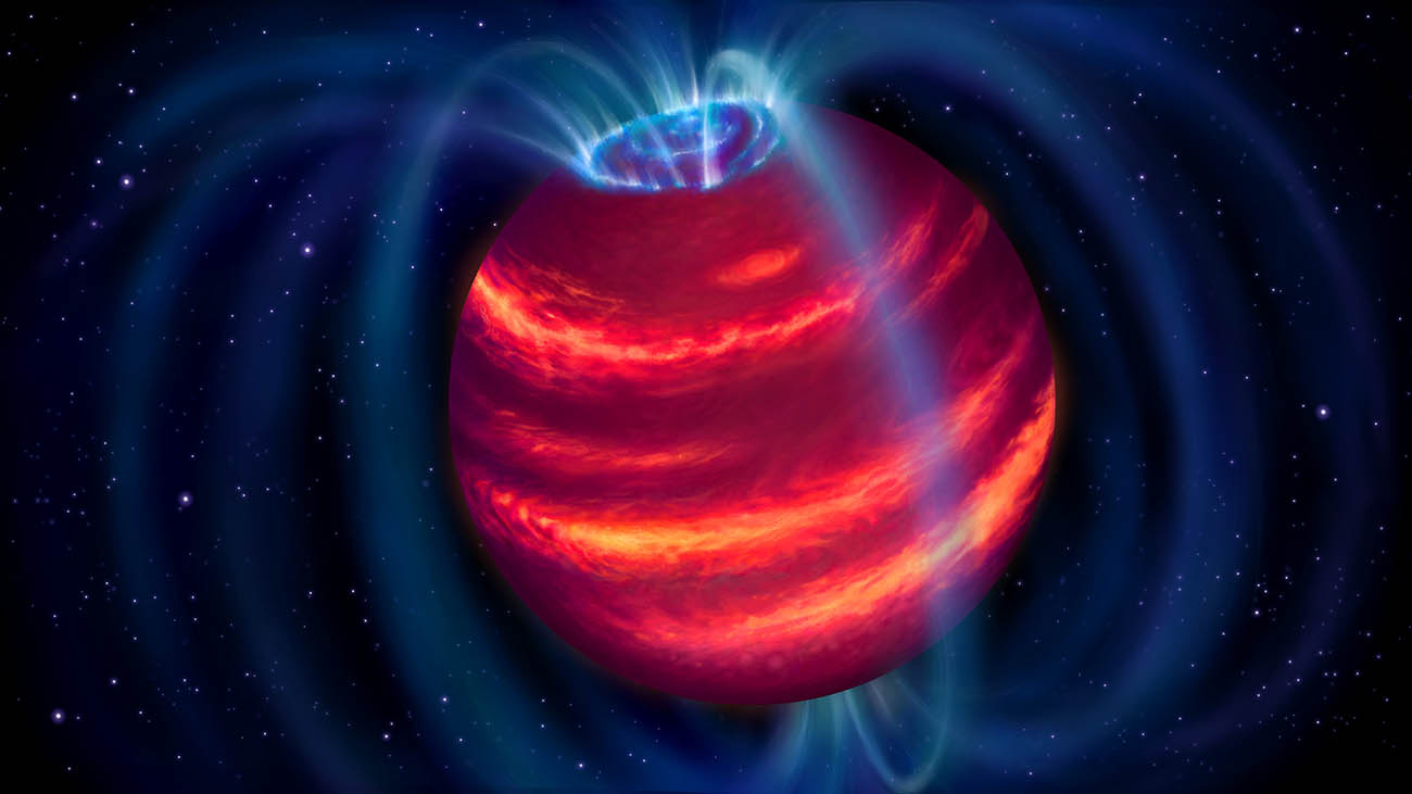 Artist’s impression of the cold brown dwarf BDR J1750+3809. The blue loops depict the magnetic field lines. Charged particles moving along these lines emit radio waves that LOFAR detected. Some particles eventually reach the poles and generate aurorae similar to the northern lights on Earth.