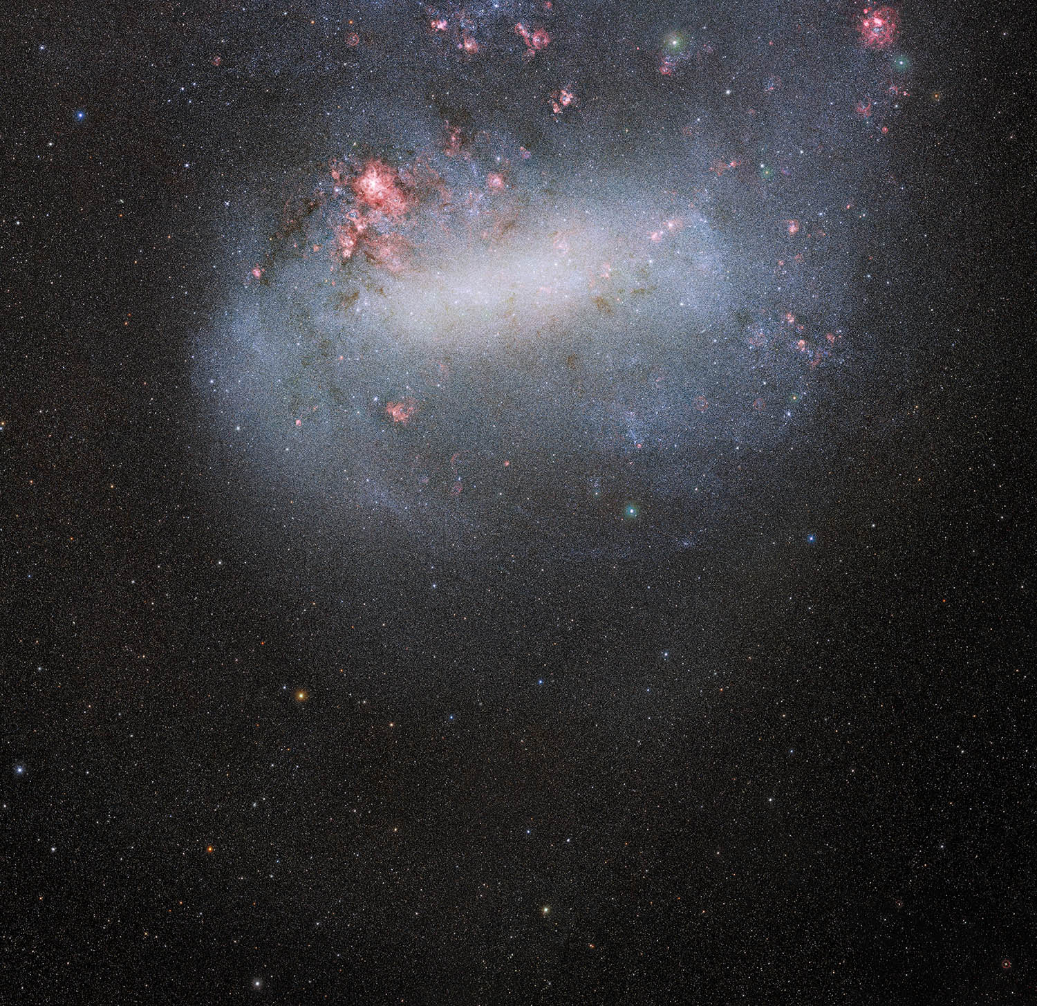 Part of the SMASH dataset showing an unprecedented wide-angle view of the Large Magellanic Cloud. The Large and Small Magellanic Clouds are the largest satellite galaxies of the Milky Way and, unlike the rest of the satellite galaxies, are still actively forming stars — and at a rapid pace. The depth of these survey data can be appreciated by the number of stars visible in the outer regions of the galaxy, as seen in the lower part of the image.