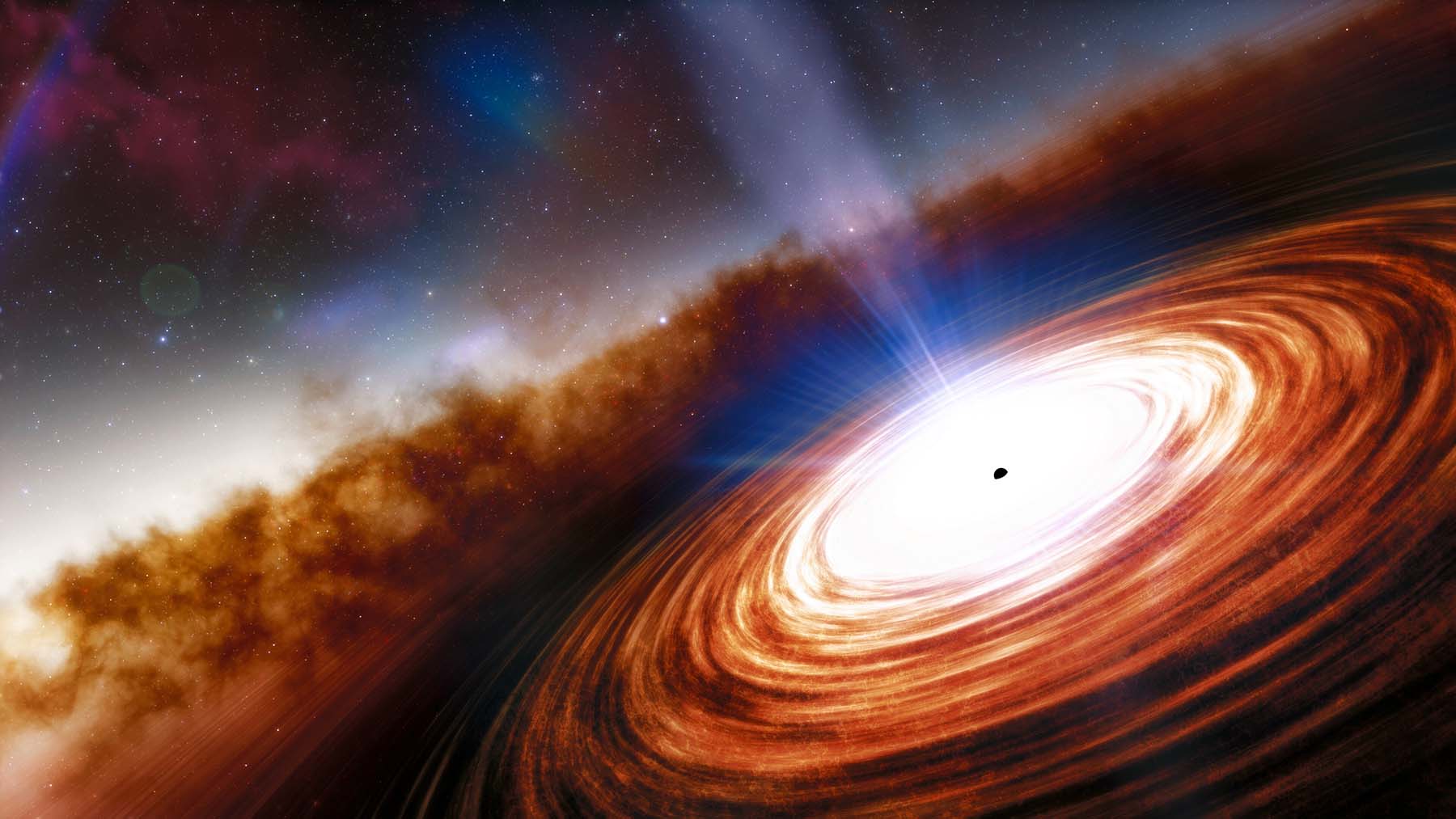 An artist’s impression of quasar J0313-1806 showing the supermassive black hole and the extremely high velocity wind. 