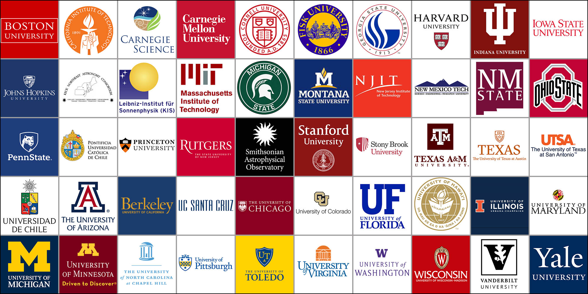 Logos of the 47 47 US institutions and 3 international affiliates that comprise AURA’s Member Institutions.