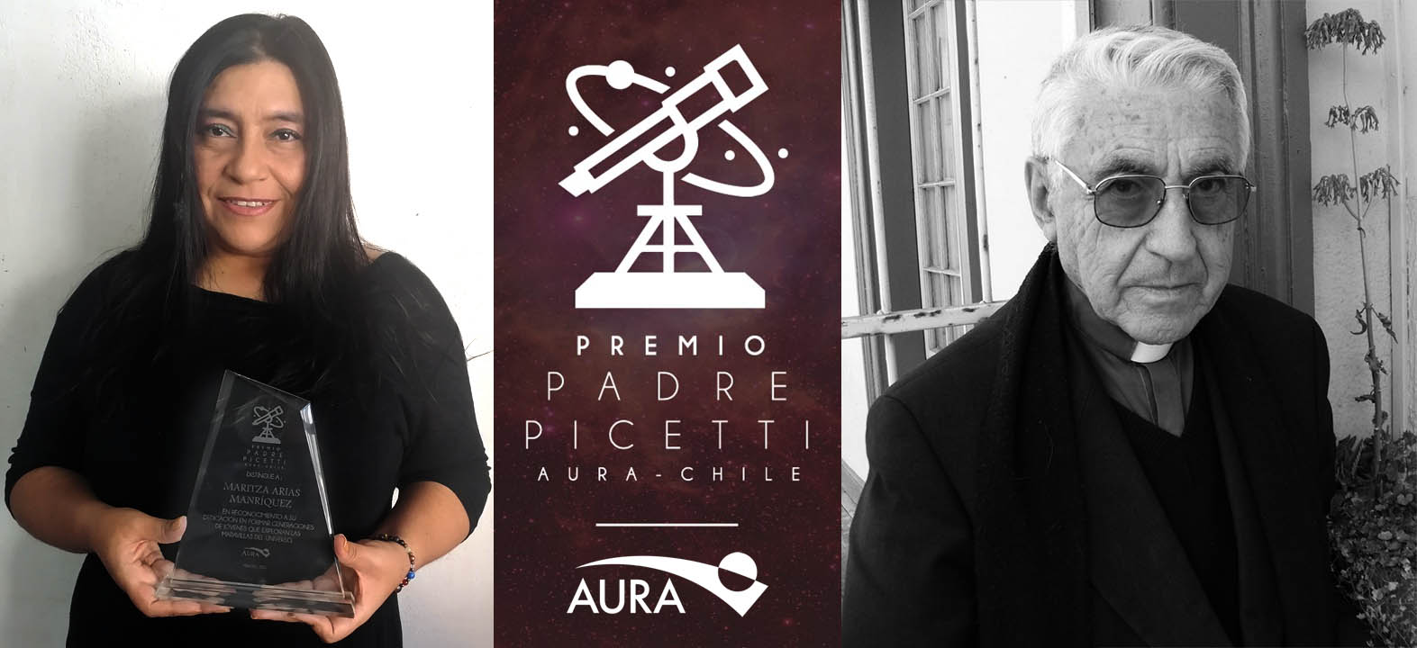 Award winner Maritza Arias from Vicuña holding her trophy (left) and Padre Picetti (right) with the Picetti Prize logo in the center