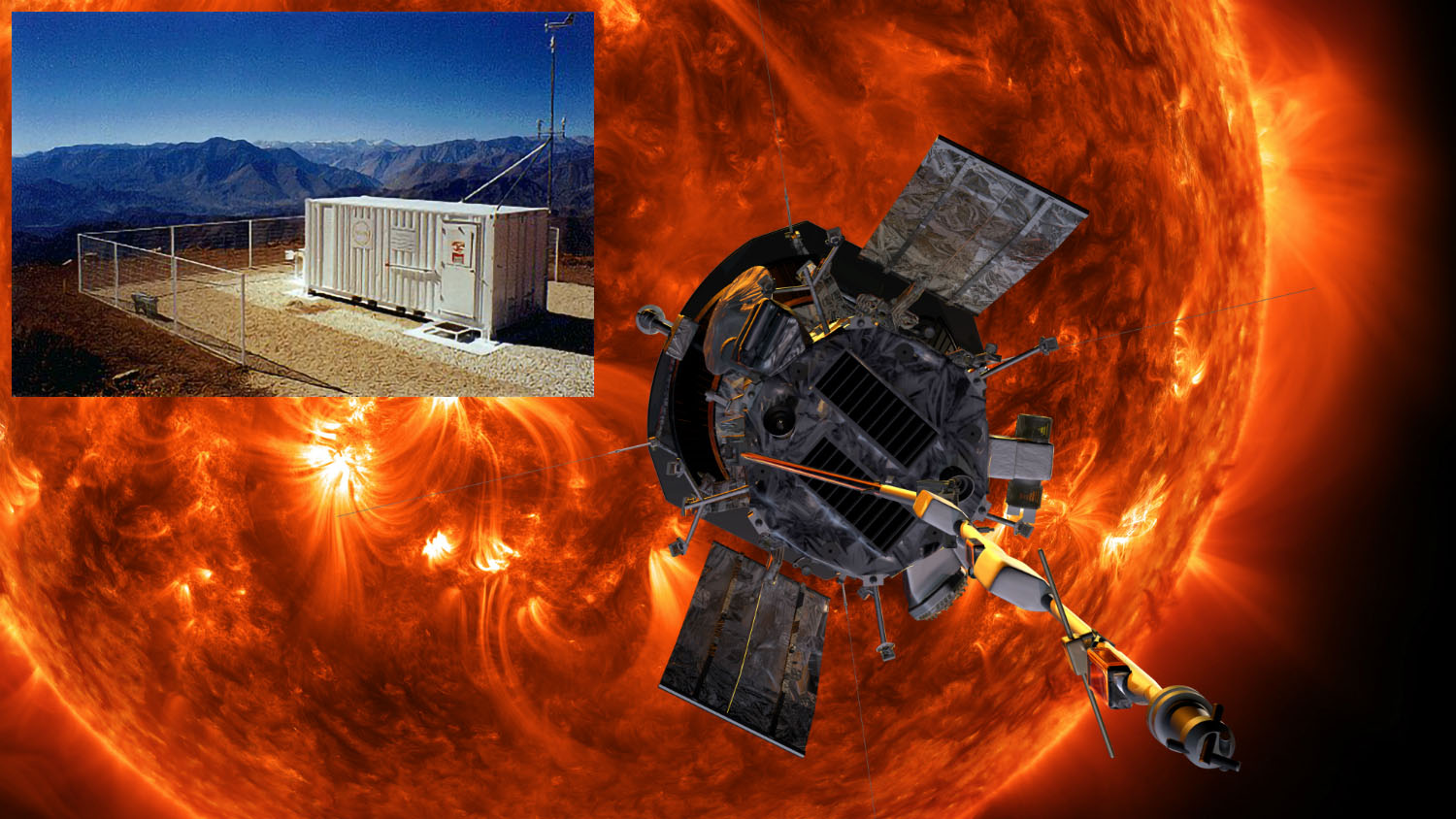 Illustration of Parker Solar Probe and one of the GONG stations at the Cerro Tololo Inter-American Observatory in Chile.