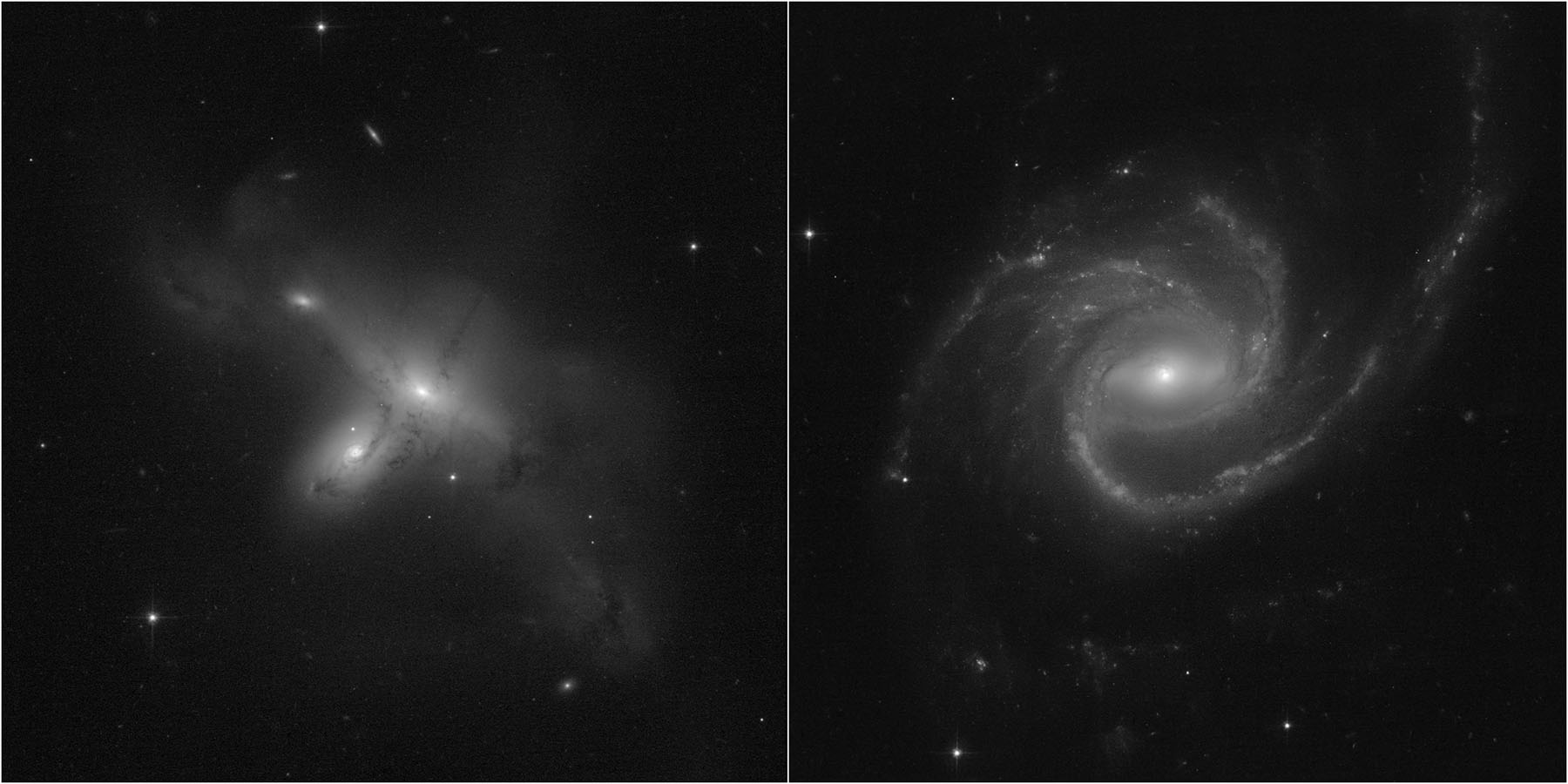 ARP-MADORE2115-273 is a rarely observed pair of colliding galaxies in the southern hemisphere.  These Hubble observations provide Hubble’s first high-resolution glimpse at this intriguing system. ARP-MADORE0002-503 is a large spiral galaxy with unusual, extended spiral arms, at a distance of 490 million light-years.  Its arms extend out to a radius of 163,000 light-years, making it three time more expansive than our Milky Way Galaxy.