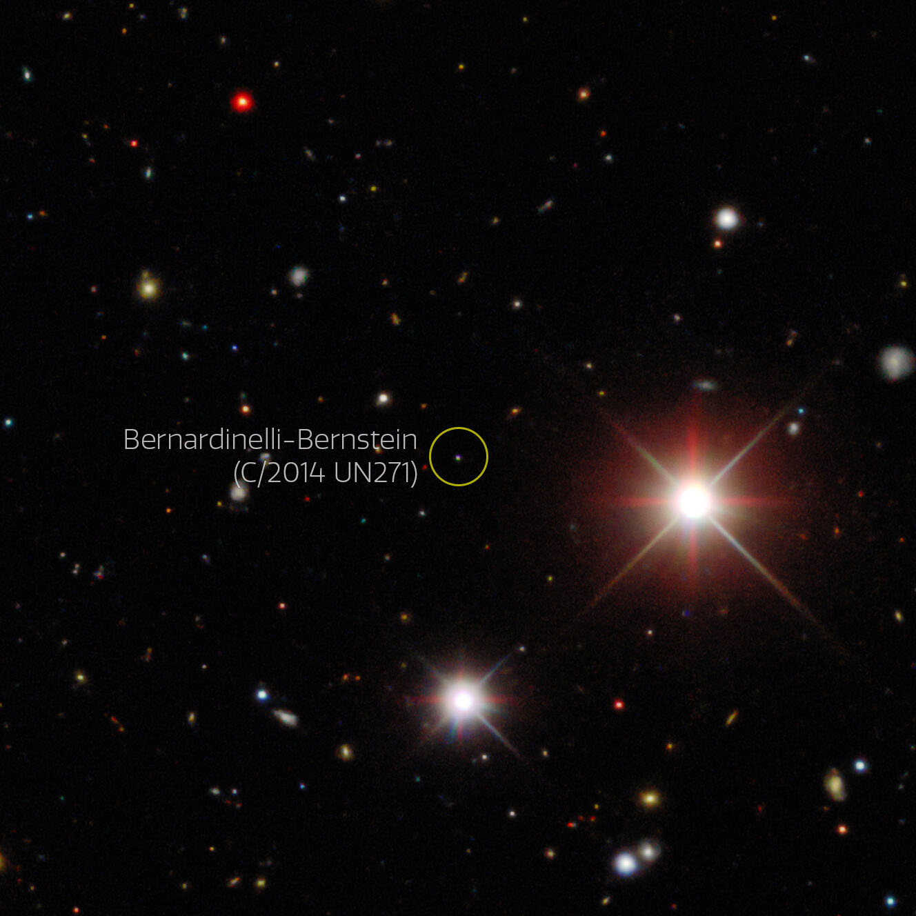 This image from the Dark Energy Survey (DES) is composed of some of the discovery exposures showing Comet Bernardinelli-Bernstein collected by the 570-megapixel Dark Energy Camera (DECam) mounted on the Víctor M. Blanco 4-meter Telescope at Cerro Tololo Inter-American Observatory (CTIO) in Chile. These images show the comet in October 2017, when it was 25 au away, 83% of the distance to Neptune. 