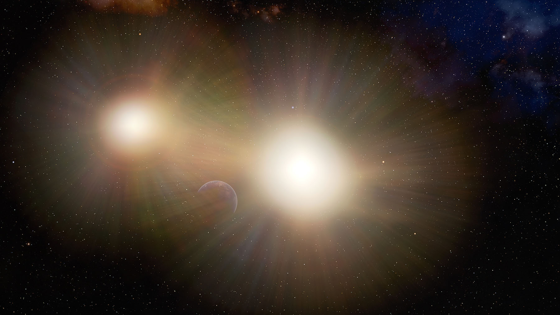 This illustration depicts a planet partially hidden in the glare of its host star and a nearby companion star. After examining a number of binary stars, astronomers have concluded that Earth-sized planets in many two-star systems might be going unnoticed by transit searches, which look for changes in the light from a star when a planet passes in front of it. The light from the second star makes it more difficult to detect the changes in the host star’s light when the planet passes in front of it.