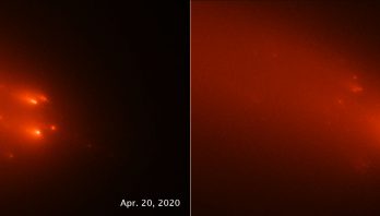 About 5,000 years ago a comet swept within 23 million miles of the sun, closer than the innermost planet Mercury. The comet must have been a spectacular sight to those young civilizations across Eurasia and North Africa that were arising at the end of the Stone Age. However, this nameless space visitor is not recorded in any known historical account. So how do astronomers know that there was such an interplanetary intruder? Enter comet ATLAS (C/2019 Y4), which first appeared near the beginning of 2020. ATLAS quickly met an untimely death in mid-2020 when it disintegrated into a cascade of small icy pieces. Such a comet’s self-destruction happens once or twice a decade. Astronomer Quanzhi Ye of the University of Maryland reports that ATLAS is a broken-off piece of that ancient visitor from 5,000 years ago. Why? Because ATLAS follows the same orbital “railroad track” as that of a comet seen in 1844. This means the two comets are siblings from the parent comet that broke apart very long ago. The link between the two comets was first noted by amateur astronomer Maik Meyer. Such comet families are common. The most dramatic visual example was in 1994 when the doomed comet Shoemaker-Levy 9 (SL9) was pulled into a string of pieces by Jupiter’s gravitational pull. This “comet train” was short-lived. It fell piece by piece into Jupiter in July 1994. But comet ATLAS is just “weird,” says Ye, who observed it with Hubble about the time of the breakup. Unlike its hypothesized parent comet, ATLAS disintegrated while it was farther from the Sun than Earth, at a distance of over 100 million miles. This was much farther than the distance where its parent passed the Sun. “This emphasizes its strangeness,” said Ye. “If it broke up this far from the sun, how did it survive the last passage around the sun 5,000 years ago? This is the big question,” said Ye. “It’s very unusual because we wouldn’t expect it. This is the first time a long-period comet f