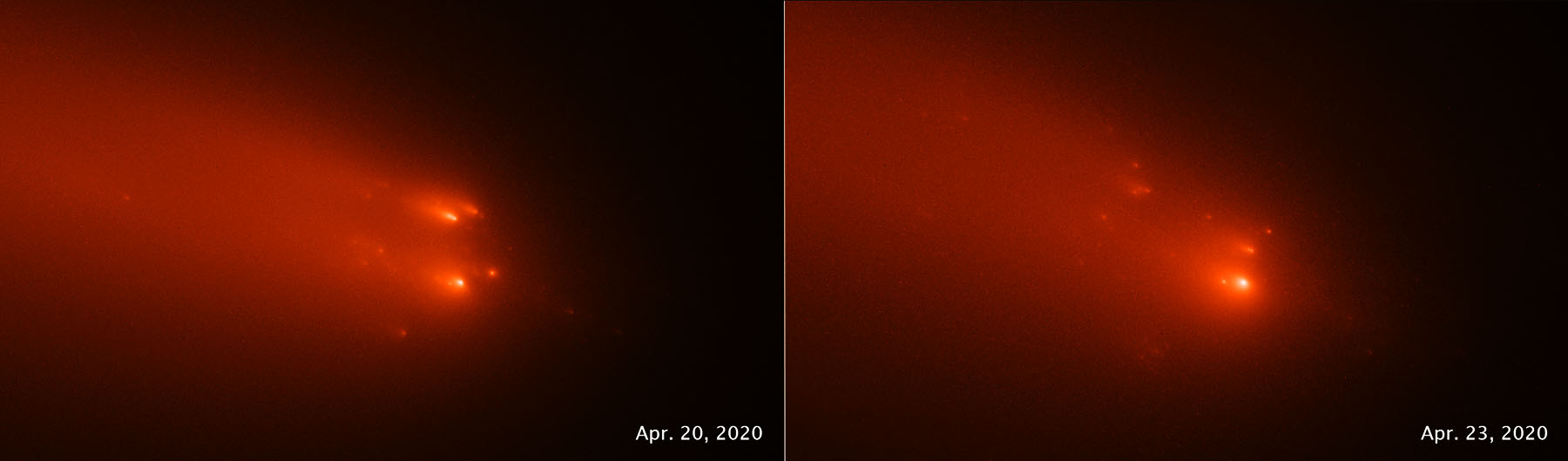 his pair of Hubble Space Telescope images of comet C/2019 Y4 (ATLAS), taken on April 20 and April 23, 2020, reveal the breakup of the solid nucleus of the comet. Hubble photos identify as many as 30 separate fragments. The comet was approximately 91 million miles from Earth when the images were taken. The comet may be a broken off piece of a larger comet that swung by the Sun 5,000 years ago. The comet has been artificially colored in this view to enhance details for analysis.
