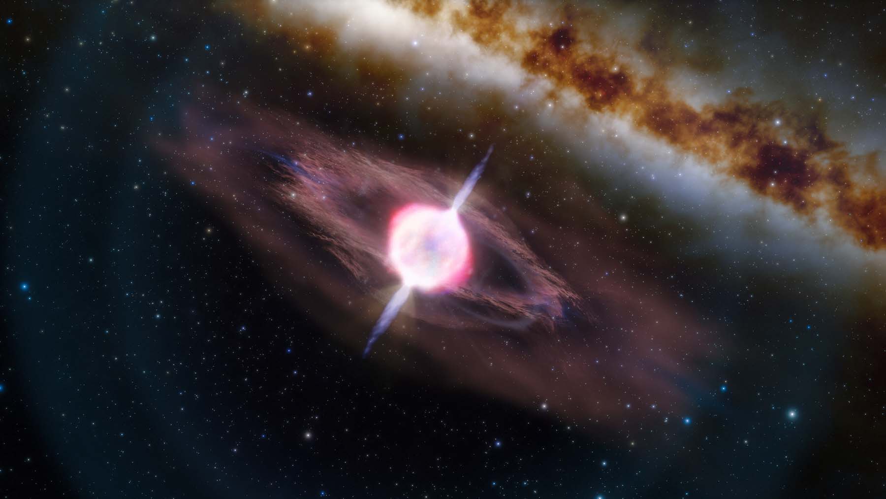 This illustration depicts a collapsing star that is producing two short gamma-ray jets. 