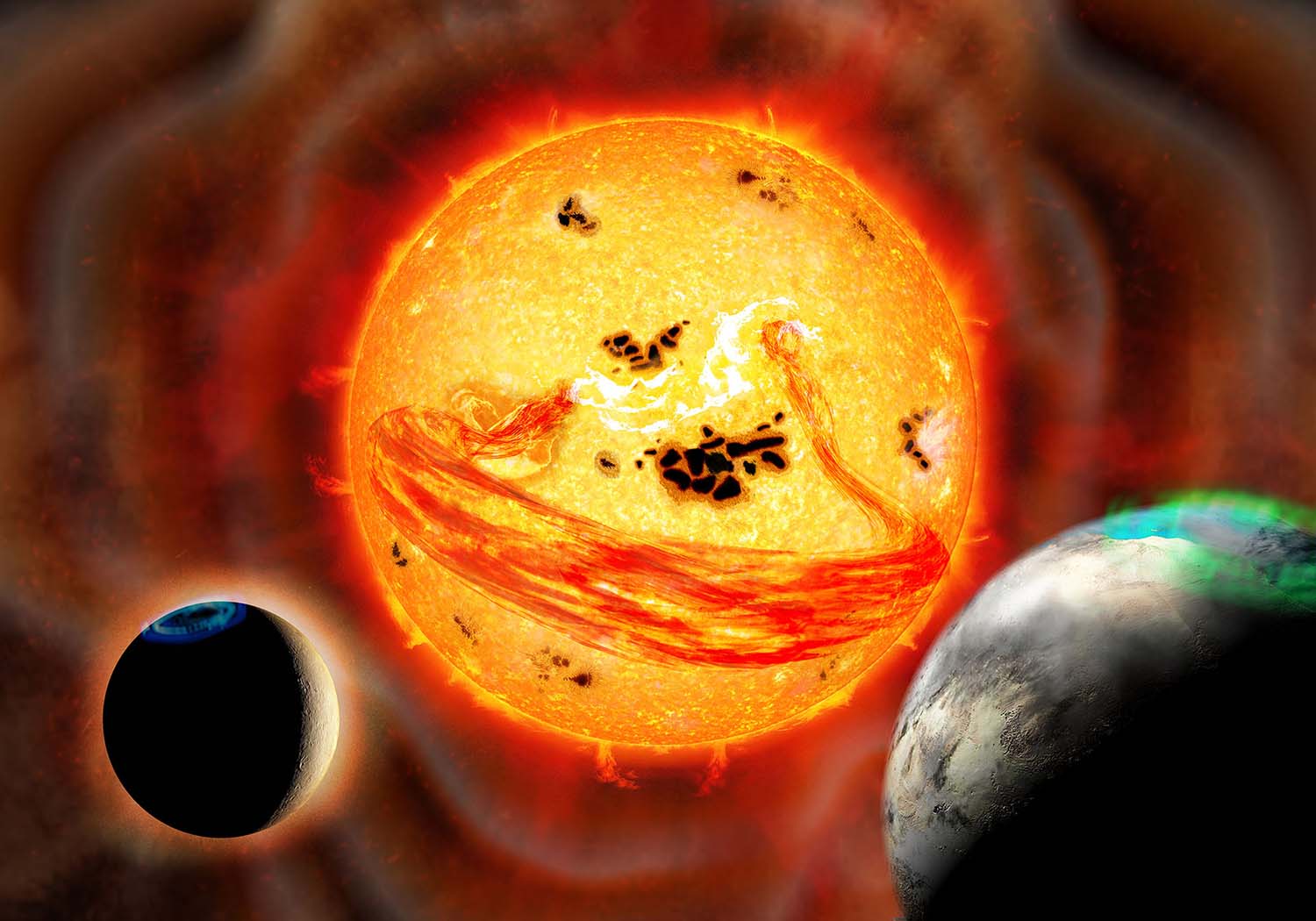 Artist rendering of a large coronal mass ejection on EK Draconis Credit: National Astronomical Observatory of Japan (NAOJ)