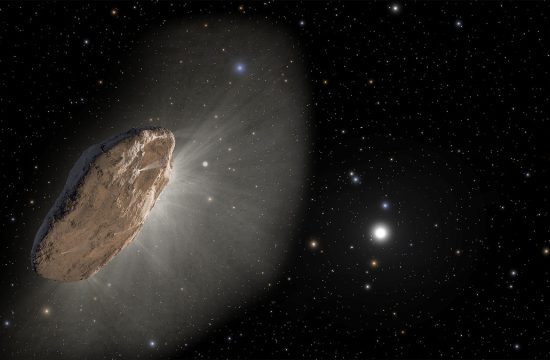 This artist's illustration shows the wayward interstellar visitor 'Oumuamua (pronounced oh-MOO-ah-MOO-ah) racing toward the outskirts of our solar system. The object, heated by the Sun (lower right), is venting gaseous material from its surface, as a comet would. Researchers suggest this outgassing is one possible cause for 'Oumuamua's slight acceleration, as detected by several telescopes. The irregularly shaped object is only a half-mile across. It is now farther from the Sun than Jupiter and traveling away at about 70,000 miles per hour. The orbits of the major planets are included for scale. The box-shaped constellation Corvus is in the background near image center, and the bright blue star Spica is at upper left of center, in the constellation Virgo. The stars at bottom left belong to the constellation Hydra.