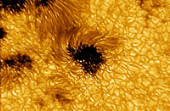 newly released high-resolution image of solar sunspots captured by the Inouye Solar Telescope on May 11, 2021 (not from the first science observation). The data leading to this image were acquired with the Visible Broadband Imager blue channel at a wavelength of 450 nanometers.