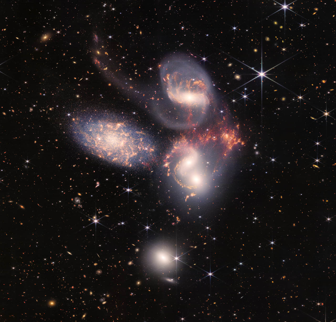 An enormous mosaic of Stephan’s Quintet is the largest image to date from NASA’s James Webb Space Telescope, covering about one-fifth of the Moon’s diameter. It contains over 150 million pixels and is constructed from almost 1,000 separate image files.