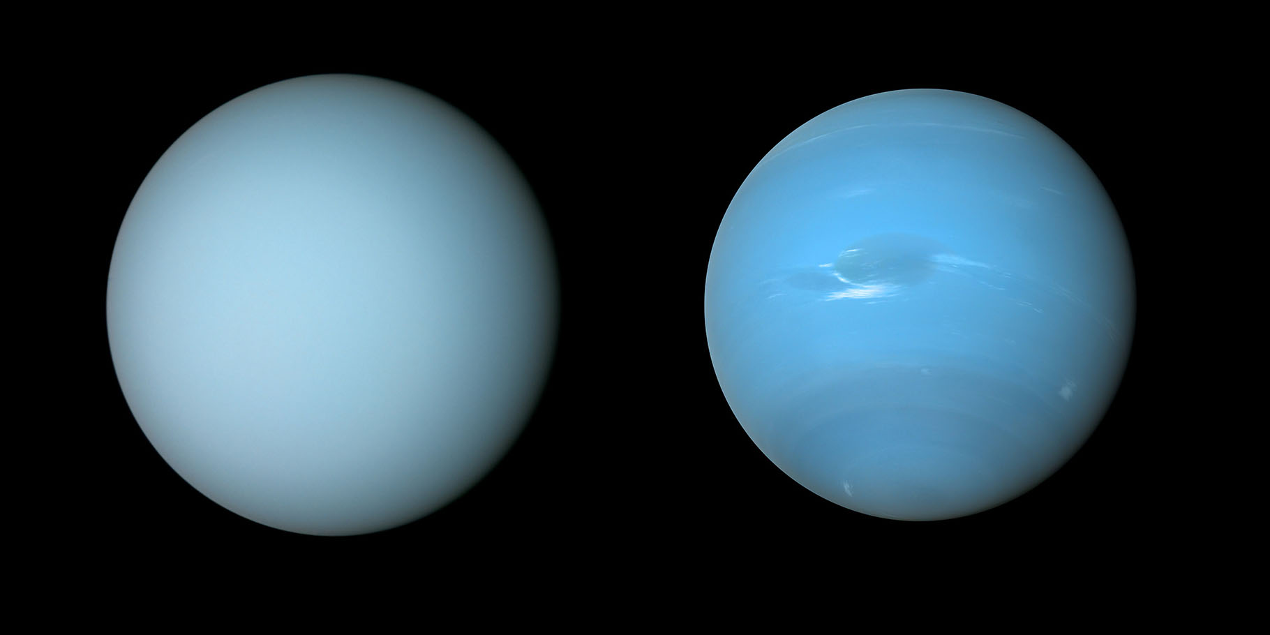 NASA’s Voyager 2 spacecraft captured these views of Uranus (on the left) and Neptune (on the right) during its flybys of the planets in the 1980s. Credit:NASA/JPL-Caltech/B. Jónsson