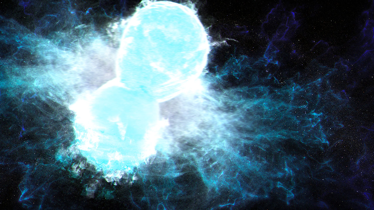 Two bright blue circular shapes that appear to be joined are left of center. They are illustrations of neutron stars merging. Debris, which is also white and bright blue, emanates in misshapen patterns primarily from where they are joining at the center.