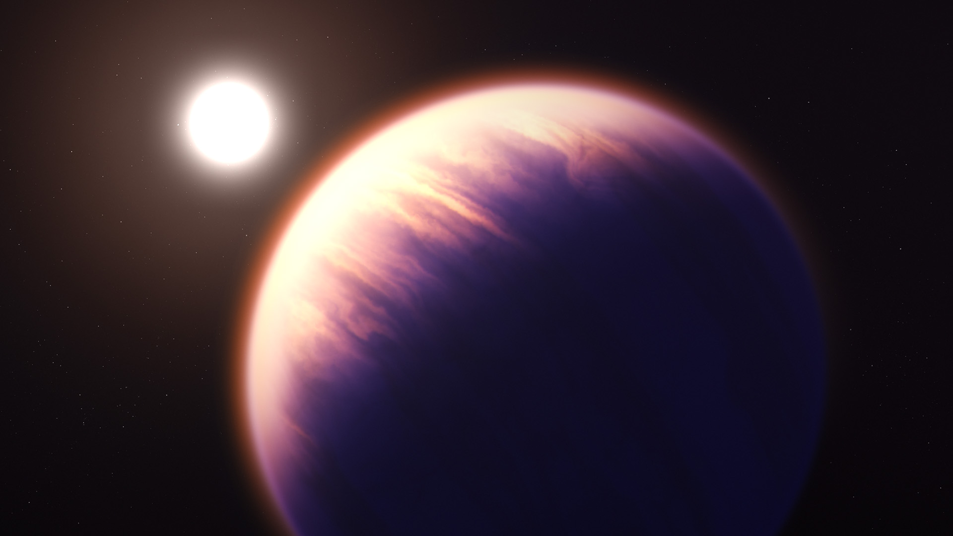 Illustration of a planet and its star on an empty black background. The planet is large, in the foreground at the center and the star is smaller, in the background at the upper left. The planet has a fuzzy orange-blue atmosphere with hints of longitudinal cloud bands below. The left quarter of the planet (the side facing the star) is lit, while the rest is in shadow. The star is bright yellowish-white, with no clear features.