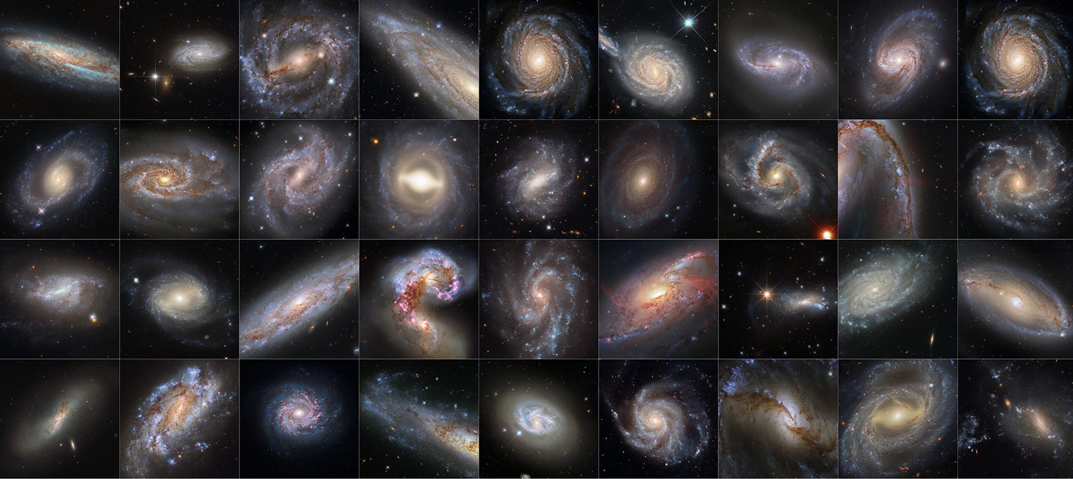 Collage of 37 colorful spiral and interacting galaxies