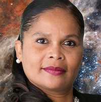 Sandra Perkins Headshot agains a starry background.