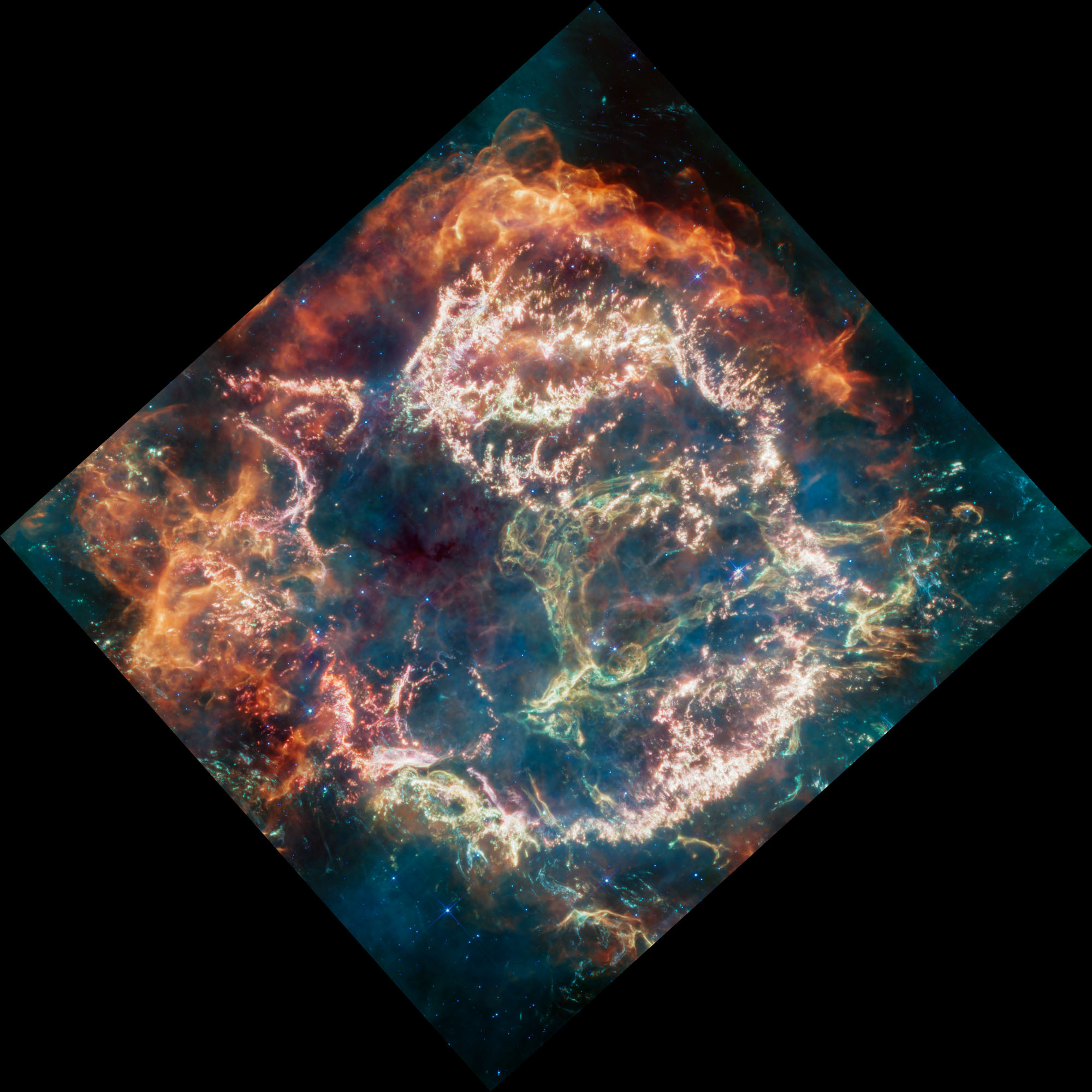 A roughly square image is rotated clockwise about 45 degrees, with solid black in the corners on the top left, top right, bottom left, and bottom right. Within the image is a circular-shaped nebula with complex structure. On the circle’s exterior, particularly at the top and left of the image, lie curtains of material glowing orange. Interior to this outer shell lies a ring of mottled filaments of bright pink studded with clumps and knots. At center right, a greenish loop extends from the right side of the ring into the central cavity. Translucent wisps of blue, green, and red appear throughout the image.