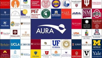 Logos of AURA's 52 Member Institutions with AURA's logo in the center.