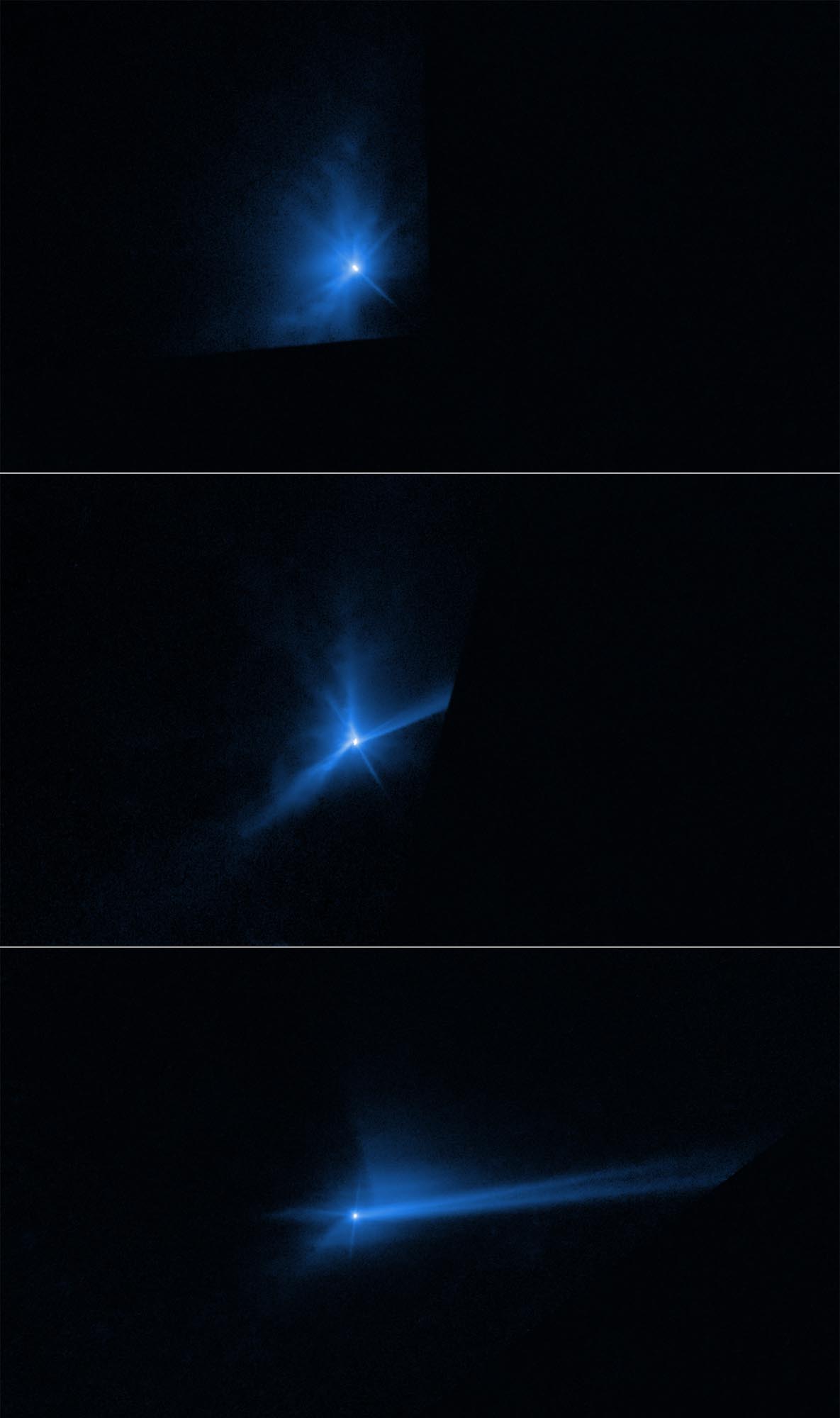 Didymos-Dimorphos System: three images stacked vertically. Each shows a bright white spot surrounded by an irregular blue cloud. Background is black. Labels and cloud shape differ in each image.Top: September 27; 01:06:21; T+1.9 hours. Blue cloud has more material toward the upper left of the spot and less toward the lower right. Dashed white line labeled “ejecta cone” touches the left edge of the spot and forms an arc facing toward the upper left.Middle: September 28; 17:06:51; T+1.7 days. Cloud has a more triangular shape with more material to the lower left and upper right of the spot. Dashed white line labeled “curved ejecta stream” passes through the spot, with the top portion curving upward and the bottom extending down toward the lower left. Bottom: October 8; 19:62:10; T+11.9 days. Cloud is brighter toward the upper right side of the spot, with a long triangle extending toward the right. Two dash lines following the edges of the triangle are labeled “double tail formation.
