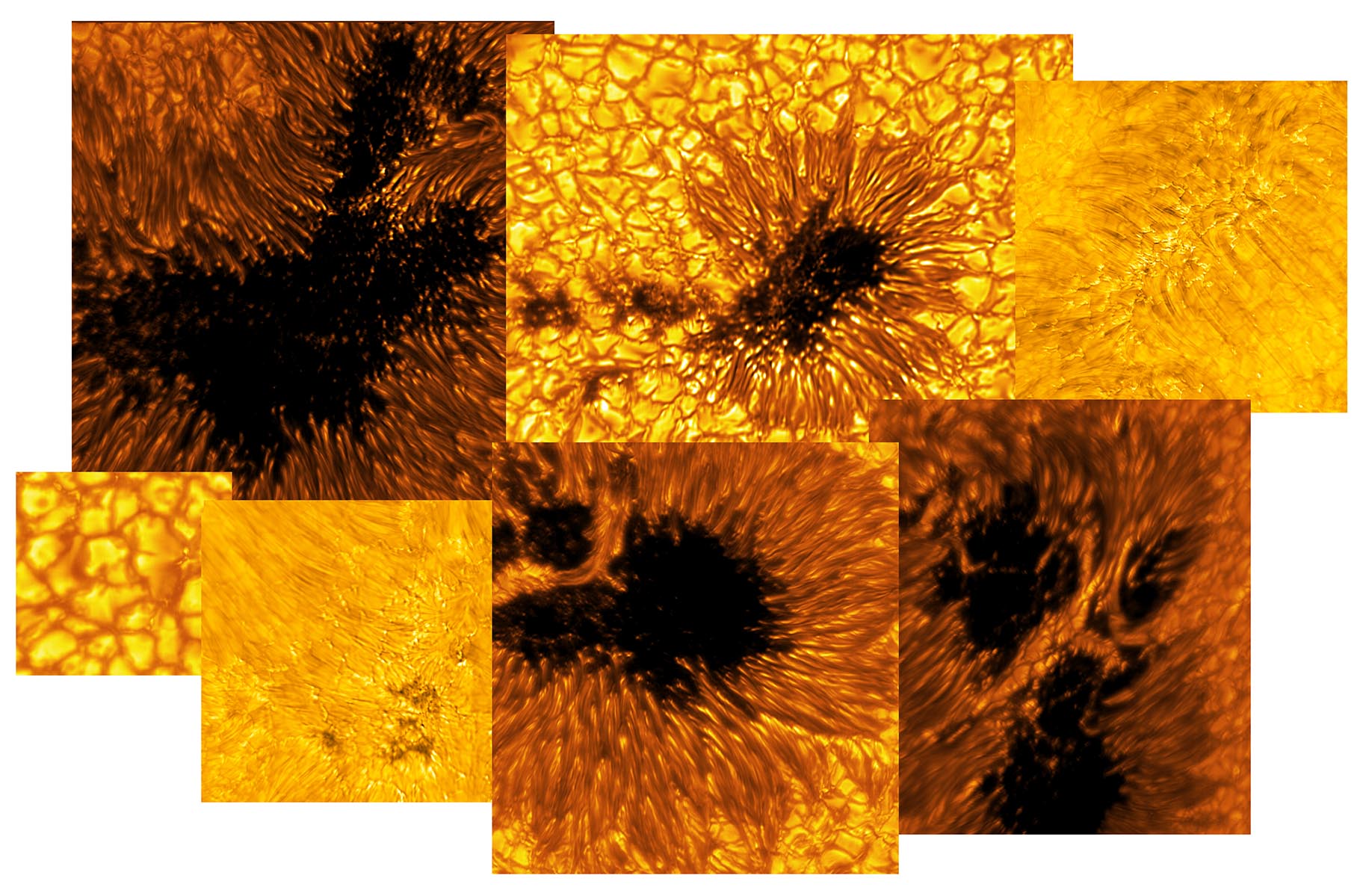 A mosaic of new solar images produced by the Inouye Solar Telescope was released today, previewing solar data taken during the telescope’s first year of operations during its commissioning phase. Images include sunspots and quiet-Sun features. Credit: NSF/AURA/NSO