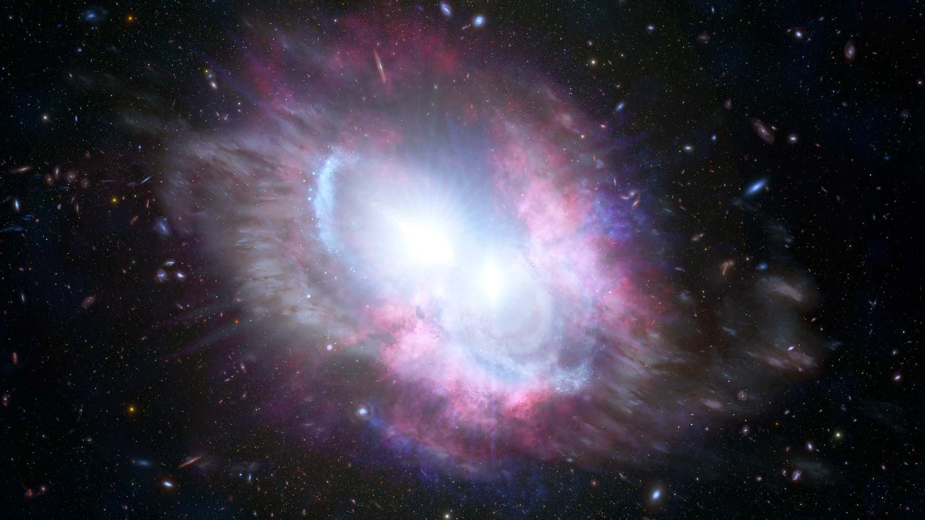 This artist's impression illustrates  a closely bound duo of energetic quasars — the hallmark of a pair of merging galaxies — seen when the Universe was only three billion years old. The image shows two bright lights in a light blue center surrounded by a halo of violet and blue on a dark starry background. 