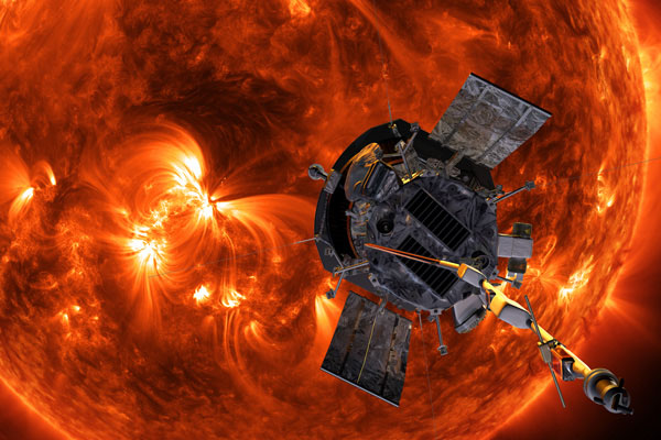 Spacecraft flies close to a burning sun