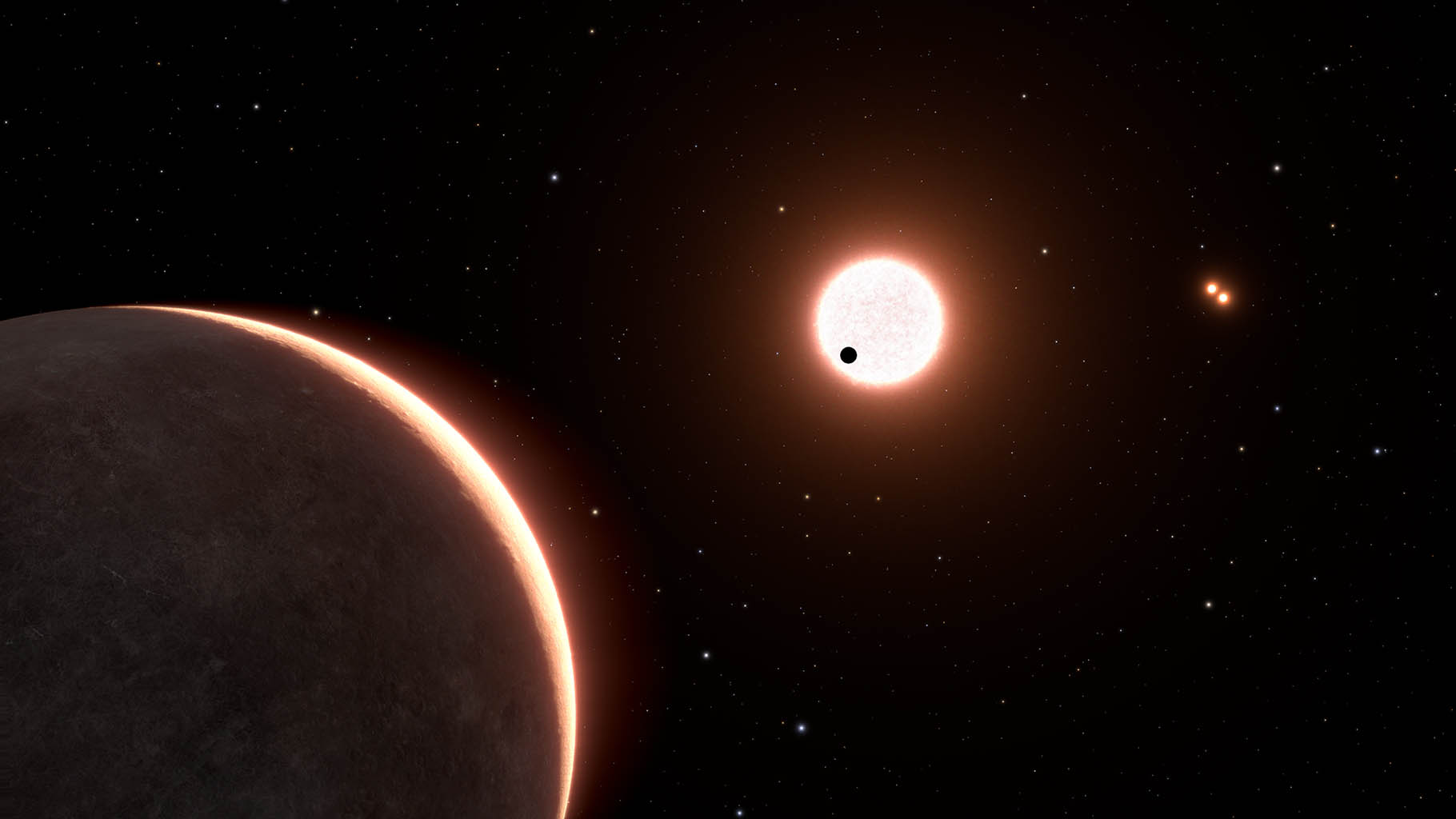 This is an artist's concept of the nearby exoplanet LTT 1445Ac, which is the size of Earth. The planet orbits a red dwarf star. The star is in a triple system, with two closely orbiting red dwarfs seen at upper right. The black dot in front of the bright light-red sphere at image center is planet LTT 1445Ac transiting the face of the star. 