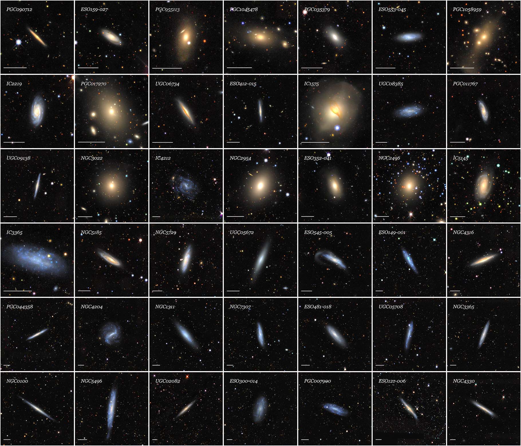 Optical mosaics of 42 galaxies from the SGA-2020 sorted by increasing angular diameter from the top-left to the bottom-right.