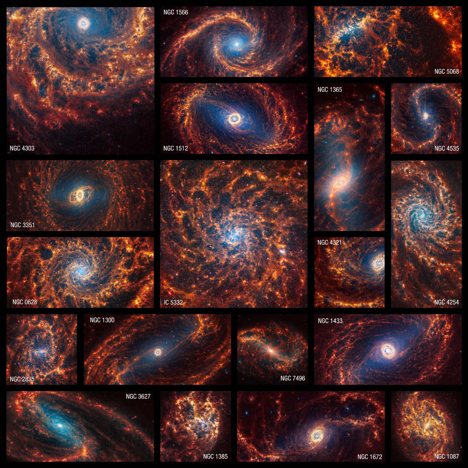 Nineteen Webb images of face-on spiral galaxies are combined in a mosaic. Some appear within squares, and others horizontal or vertical rectangles. Many galaxies have blue hazes toward the centers, and all have orange spiral arms. Many have clear bar shaped-structures at their centers, but a few have spirals that begin at their cores. Some of the galaxies' arms form clear spiral shapes, while others are more irregular. Some of the galaxies’ arms appear to rotate clockwise and others counterclockwise. Most galaxy cores are centered, but a few appear toward an image’s edge. Most galaxies appear to extend beyond the captured observations. The galaxies shown, listed in alphabetical order, are IC 5332, NGC 628, NGC 1087, NGC 1300, NGC 1365, NGC 1385, NGC 1433, NGC 1512, NGC 1566, NGC 1672, NGC 2835, NGC 3351, NGC 3627, NGC 4254, NGC 4303, NGC 4321, NGC 4535, NGC 5068, and NGC 7496.