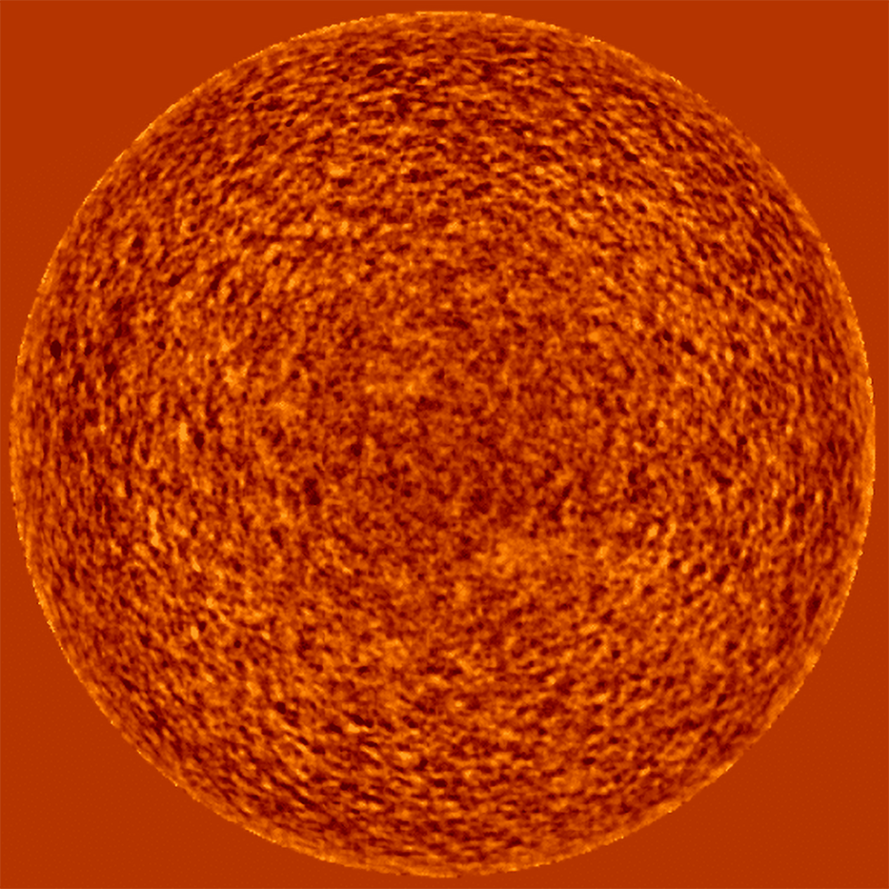 A full-disk Doppler image, known as Dopplergram, from GONG observations. The surface oscillations, superimposed on a convective pattern, can be seen in the form of light and dark spots. Credit: GONG/NSO/AURA/NSF