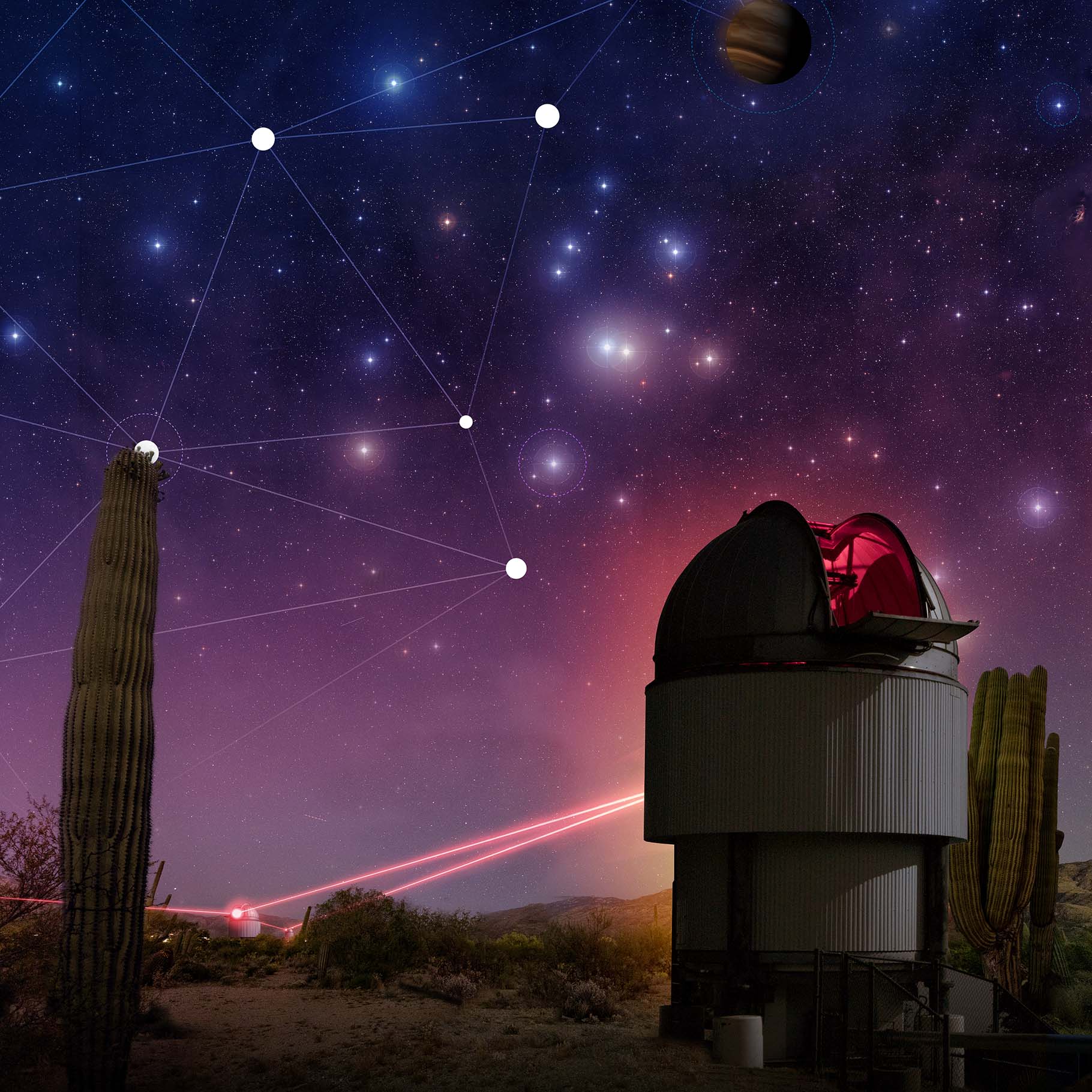 Telescope with an open dome and a starry night background connecting through laser lights to other telescopes.