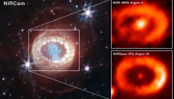 A three-panel image. At left, a mottled light pink oval with a light blue, keyhole-shaped blob in the middle, surrounded by a few stars. At right, two stacked panels show a bright orange ring with an orange dot in the middle.