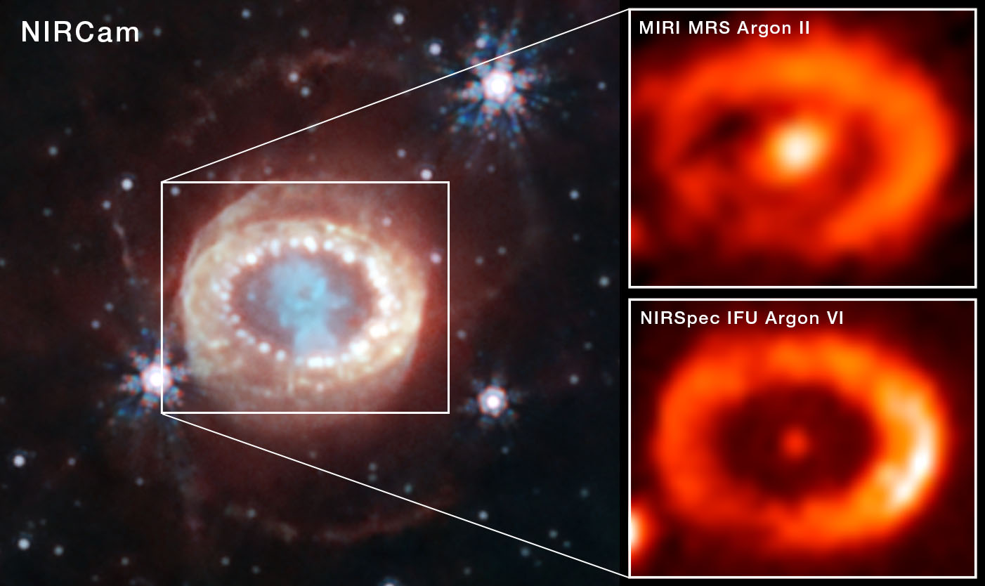 A three-panel image. At left, a mottled light pink oval with a light blue, keyhole-shaped blob in the middle, surrounded by a few stars. At right, two stacked panels show a bright orange ring with an orange dot in the middle.