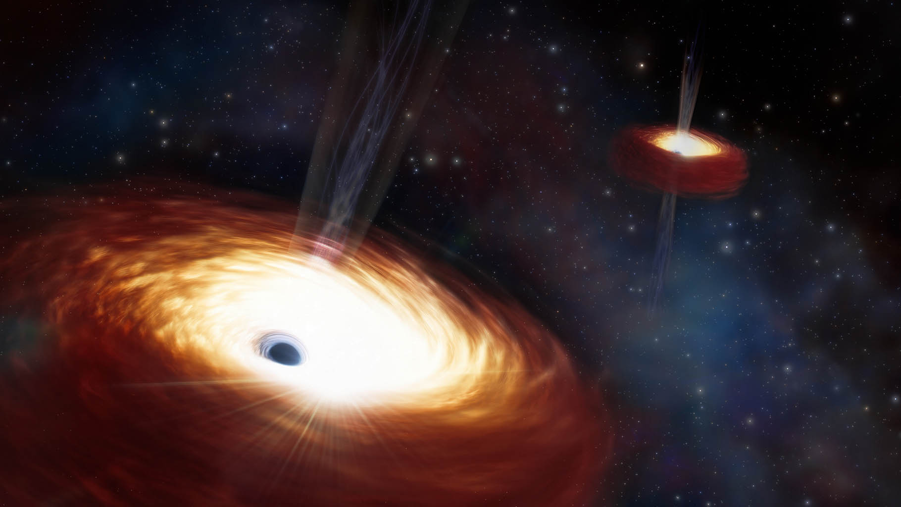 Artist impression of a swirling black hole with light yellow and orange around it.