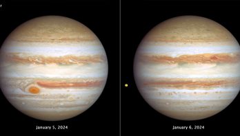 A side-by-side image showing opposite sides of Jupiter. At the top, left corner of the left-hand image is the label Jupiter. Centered at the bottom is the label January 5, 2024. The planet is banded in stripes of brownish orange, light gray, soft yellow, and shades of cream. Many large storms and small white clouds punctuate the planet. The largest storm, the Great Red Spot, is the most prominent feature in the left bottom third of this view. To its lower right is a smaller reddish anticyclone, Red Spot Jr. Another small red anticyclone appears near the top center of the image. On the right panel, centered at the bottom is the label January 6, 2024. This opposite side of Jupiter is also banded in stripes of brownish orange, light gray, soft yellow, and shades of cream with many large storms and small white clouds punctuating the planet. At upper right of center, a pair of storms appear next to each other: a deep-red triangle-shaped cyclone and a reddish anticyclone. Toward the far-left edge of this view is Jupiter's tiny moon Io. The variegated orange color is where volcanic outflow deposits are seen on Io’s surface.