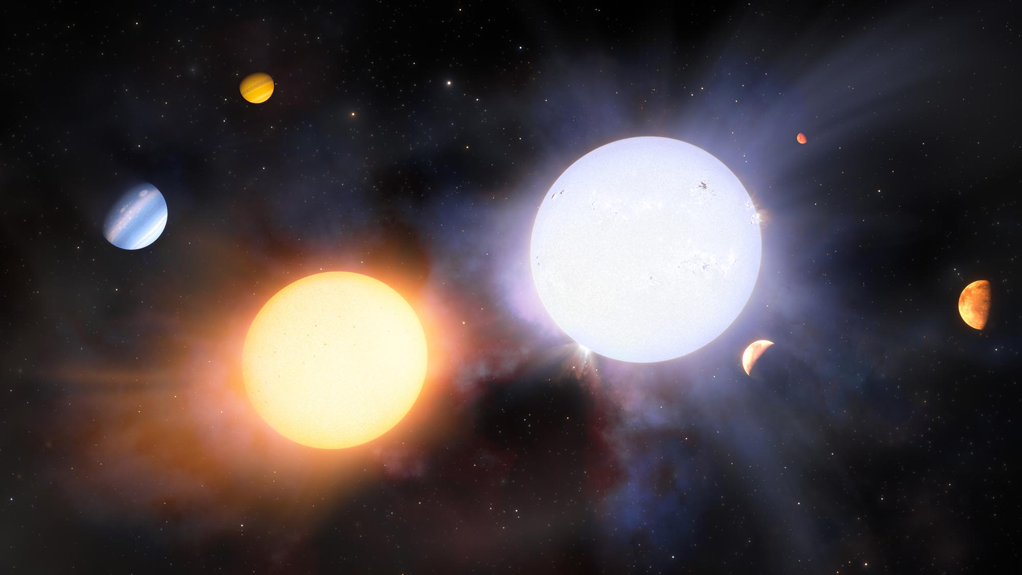 artist’s impression illustrates a binary pair of giant stars.
