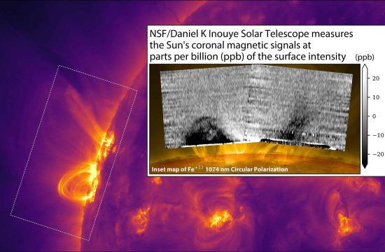 Purple and yellow image shows flaring off the sun. Actual data is insert in black and white