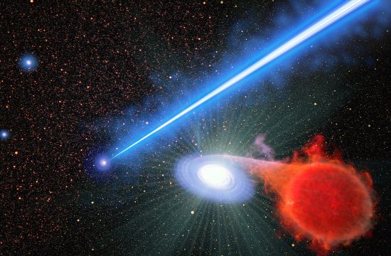 An artist's concept looks down into the core of the galaxy M87, which is just left of center and appears as a large blue dot. A bright blue-white, narrow and linear jet of plasma transects the illustration from center left to upper right. It begins at the source of the jet, the galaxy’s black hole, which is surrounded by a blue spiral of material. At lower right is a red giant star that is far from the black hole and close to the viewer. A bridge of glowing gas links the star to a smaller white dwarf star companion immediately to its left. Engorged with infalling hydrogen from the red giant star, the smaller star exploded in a blue-white flash, which looks like numerous diffraction spikes emitted in all directions. Thousands of stars are in the background.