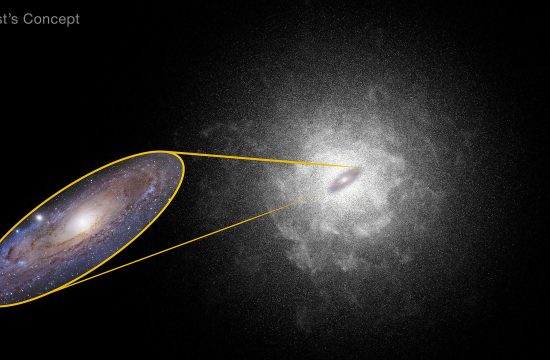 Artist’s concept of spiral galaxy at the center of a much larger spherical halo of stars, with ground-based photograph pulled out to show details of the central core and spiral arms. View of the galaxy is halfway between face-on and edge-on, with disk oriented 45 degrees counter-clockwise from horizontal. Artist’s Concept: Galaxy core is whitish yellow, circled by a brownish purple disk. Grainy white halo enveloping the disk is dense and bright near the center, becoming more diffuse and fading out with distance from the main disk. Halo is mottled with a wispy cloud-like appearance, suggesting variations in density of stars. Halo covers an area of sky about 250 times greater than main disk. Photo: Telescope zoom into galaxy core and disk, outlined in yellow, shows brown dust lanes tracing spiral arms that wrap clockwise around fuzzy core; cloud-like patches of blue and red; star-like points of light of various size and brightness. Galaxy is 45 times larger in zoom than in illustration.
