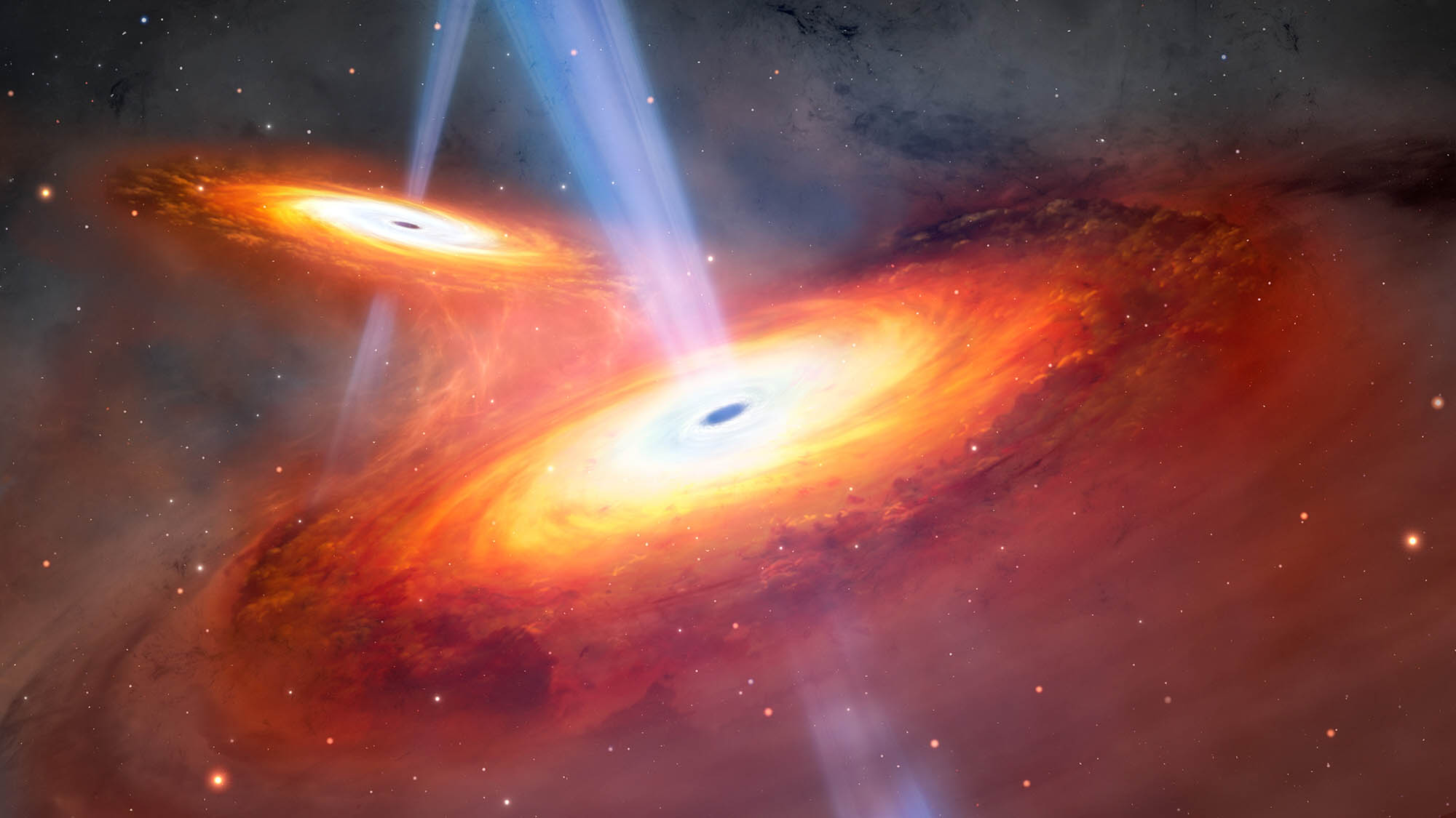 This illustration depicts two quasars in the process of merging. the quasars are shown with a small blue circle at the center and then white fading to yellow fading to orange and then red. Jets, shown as translucent blue, stream from the centers above and below the quasars.