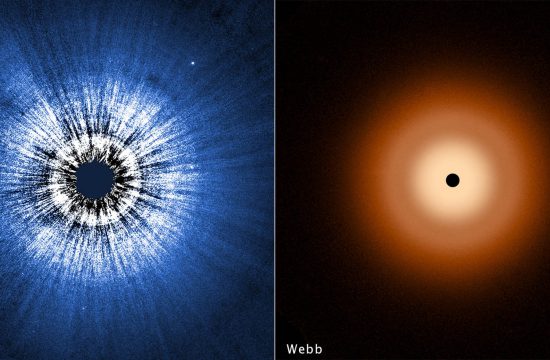 A two-panel image split down the middle vertically. At the left is the Vega disk as imaged by the Hubble Space Telescope. The disk is perfectly circular, and at the center is a black spot blocking out the bright glow of a star. Closer to the center, the disk is white. Radial striations extend out from the center, giving a ripple effect to the disk like the end of a sausage casing. The outer edge of the circular disk is blue. At the right, the Webb image of the disk is an orange colored, smooth, fuzzy halo. The inner disk is whiter toward the center, and there is darker lane between the inner disk and the more orange outer disk. The disk is also perfectly circular, with a black circle in the center due to lack of data from saturation.