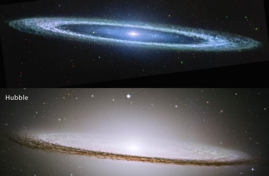 A two panel image. The top image is Webb’s view of the Sombrero galaxy, the bottom image is Hubble’s view. In the Webb view, the galaxy is a very oblong, blue disk that extends from left to right at an angle (from about 10 o’clock to 5 o’clock). The galaxy has a small bright core at the center. There is clear inner disk that has speckles of stars scattered throughout. The outer disk of the galaxy is whiteish-blue, and clumpy, like clouds in the sky. In the Hubble view, the galaxy is an oblong, pale white disk with a glowing core over the inner disk. The outer disk is darker and clumpy.