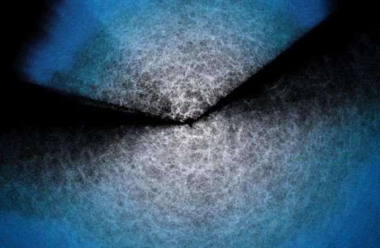 To blue and black speckled fans originate from the top and bottom of this image and meet in the middle.