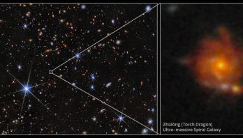 The image is split into 2 parts. On the right is a fuzzy orange galaxy on a black background on the left is a start filed shoeing where the galaxy is on the sky.