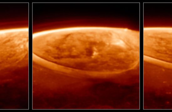 Three panels, each showing a close-up near-infrared image of Jupiter’s north pole, in shades of orange. The planet is mostly dark. Thick, bright arcs and rings caused by auroras cover the pole. The center and right panels each show the aurora a few minutes later in time, as Webb’s field of view slowly scans over the planet.