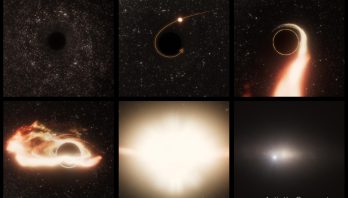 Six-panel illustration marked "Artist's Concept." The upper left panel shows the silhouette of supermassive black hole that is adrift inside a galaxy. The middle upper panel shows a yellow star drifting near the black hole. The three following panels show the star being shredded in bright white concentric streamers followed by a white explosion. the bottom right panel is an external view of the galaxy showing a bright white star-like object that is the site if the explosion as viewed in X-rays and visible light.